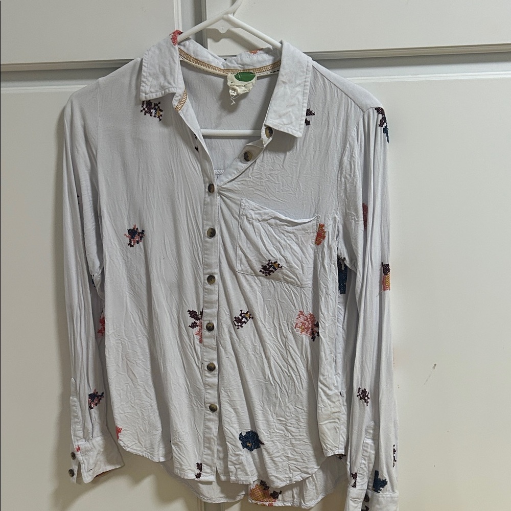 Anthropologie Pilcro Embroidered  Icon Buttondown Shirt XS Boho